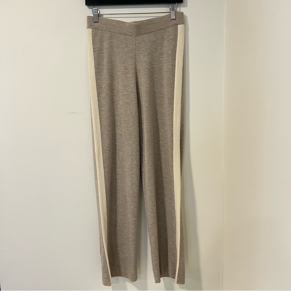 St John 100% Wool Knit Pants Women’s Small Taupe Cream Side Stripe Straight Leg